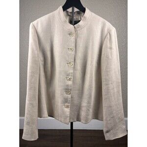 Ralph Lauren Jacket Women 16 Ivory 100% Linen Mandarin Collar Herringbone Lined